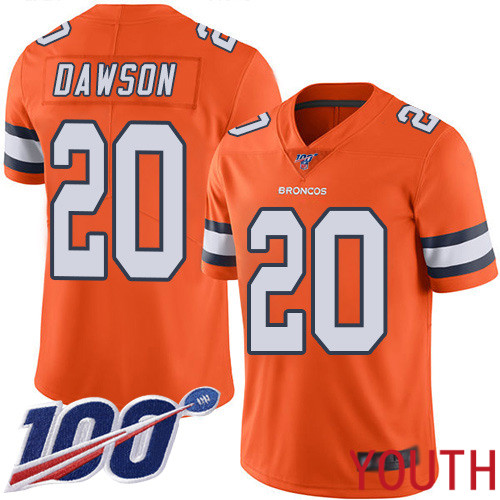 Youth Denver Broncos #20 Duke Dawson Limited Orange Rush Vapor Untouchable 100th Season Football NFL Jersey
